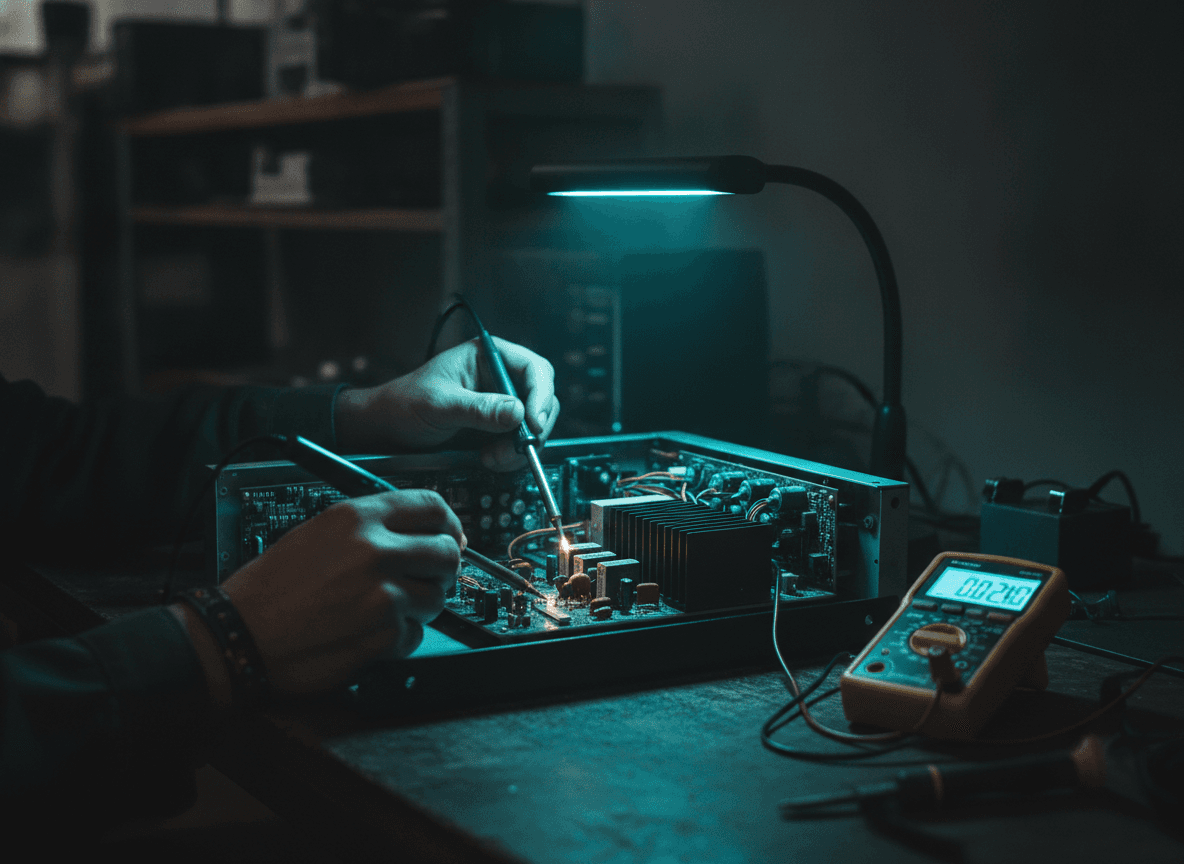 Técnico da Tecnocel realizando conserto de amplificador e potência