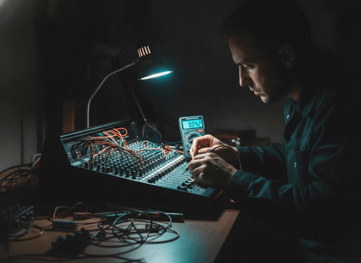 Técnico da Tecnocel realizando conserto de mesa de som