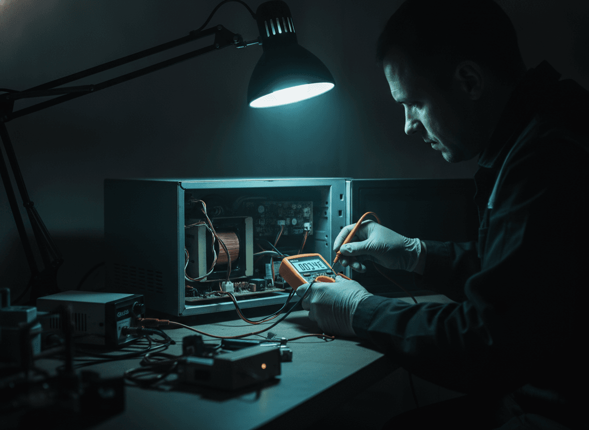 Técnico da Tecnocel realizando conserto de micro-ondas