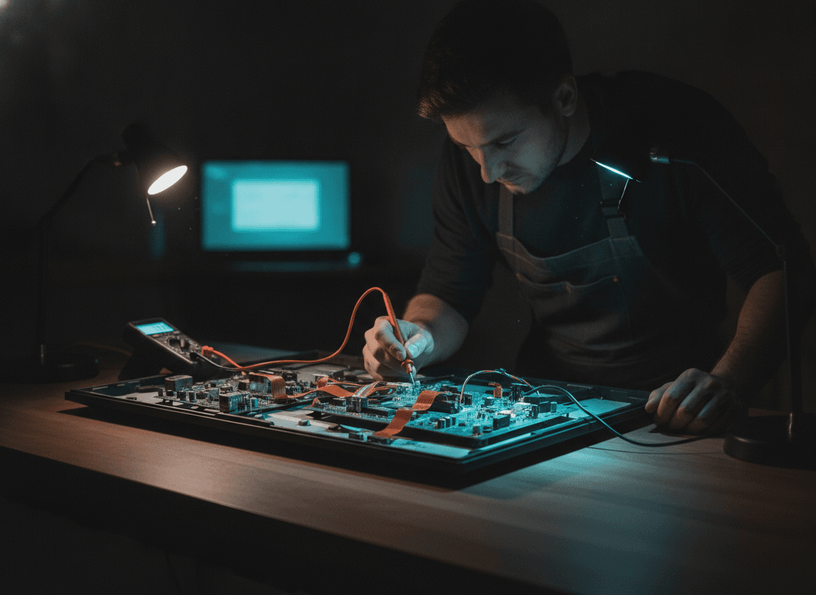 Técnico da Tecnocel realizando conserto de tv